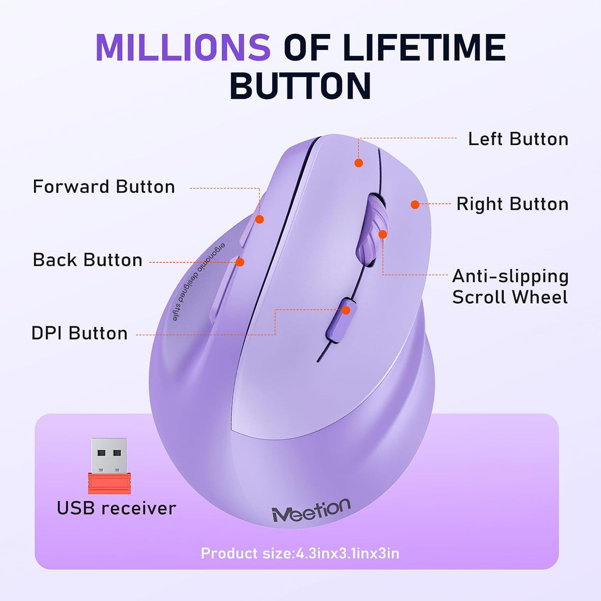 Ergonomic Wireless Vertical Mouse, Rechargeable, Purple