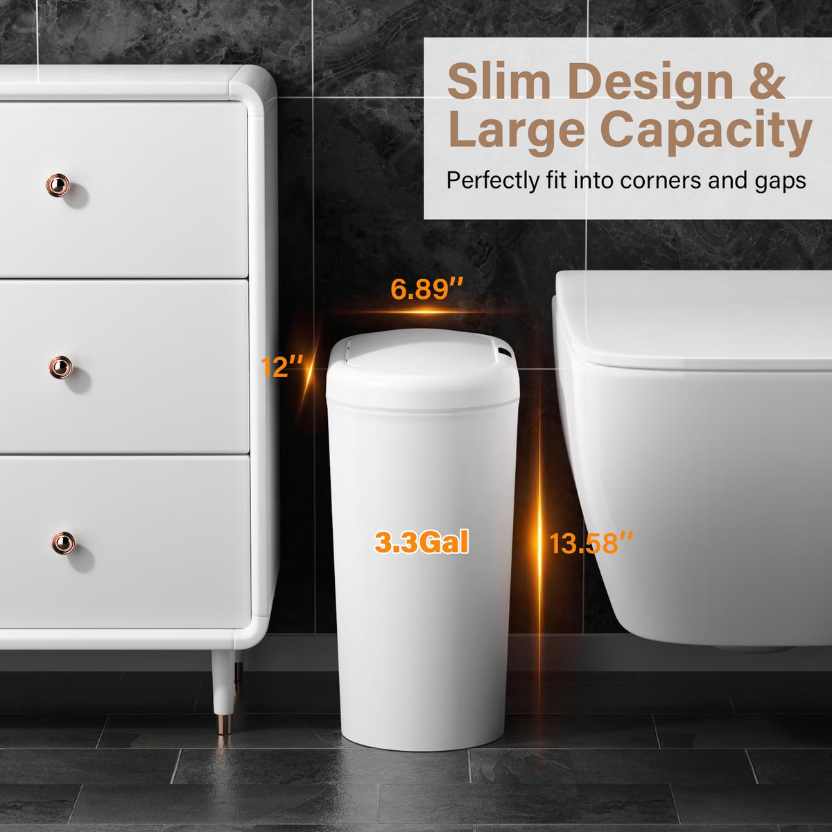 Automatic Sensor Trash Can with Lid 2 Pack: 3.3 Gallon Plastic Garbage Bins, Waterproof Touchless Slimline Wastebasket for Bathroom, Bedroom, Kitchen, Office, White