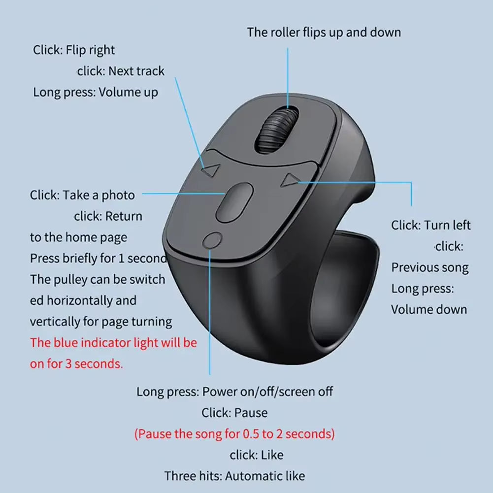 Cell Phone Scrolling Ring Wireless Finger Shutter Remote Control Page Turner Mobile Phone Controller Bluetooth for Travel