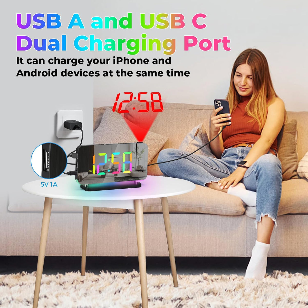 Projection Alarm Clock,7.4" LED RGB Digital Clocks Large Display,With 180° Rotatable Projector,Night Light,Usb C Charger Port,Auto Dimming,Modern Desk Clock for Teens Adults Bedroom - Black