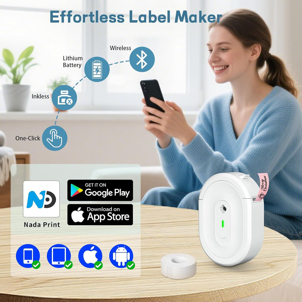 Bluetooth Label Maker Machine N12 Mini Thermal Label Printer, White