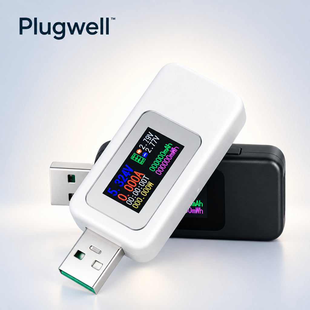 Test chargers, power banks, cables, and USB devices with the Plugwell™ 10-in-1 USB Tester. Real-time monitoring, fast-charge protocol detection, and professional-grade accuracy.