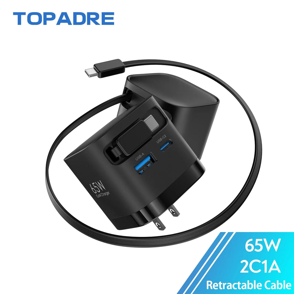 65W Gan Fast Charger with Retractable Cable, Foldable Plug, Quick Charging Block, for Iphone , Samsung , Ipad, Android Phones