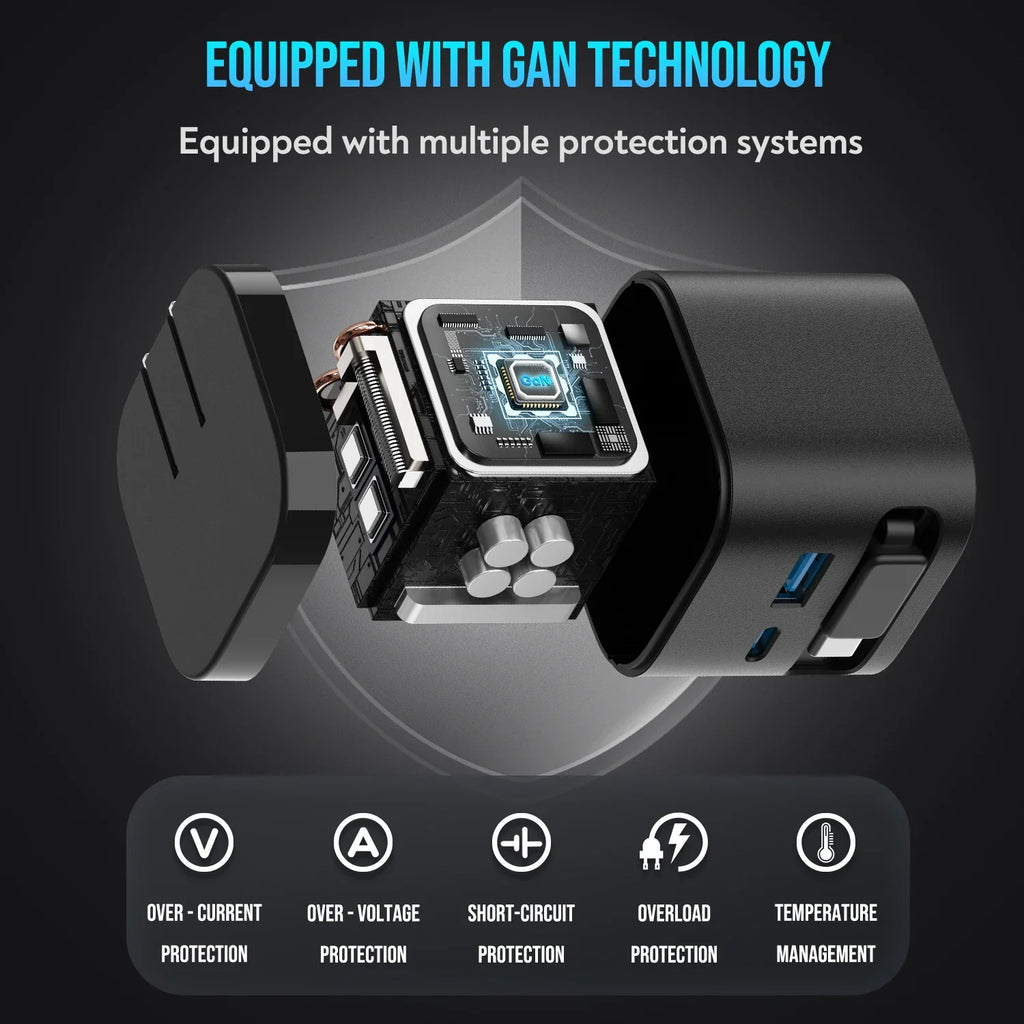 65W Gan Fast Charger with Retractable Cable, Foldable Plug, Quick Charging Block, for Iphone , Samsung , Ipad, Android Phones