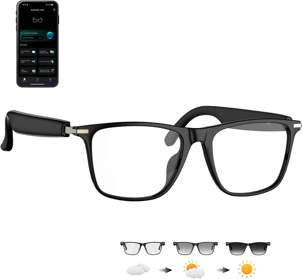 AI Glasses for Men & Women, Smart Glasses Powered by Chatgpt, Bluetooth Glasses with Real-Time Translation, Music&Calls, Photochromic Lens for Daily Use, Travel
