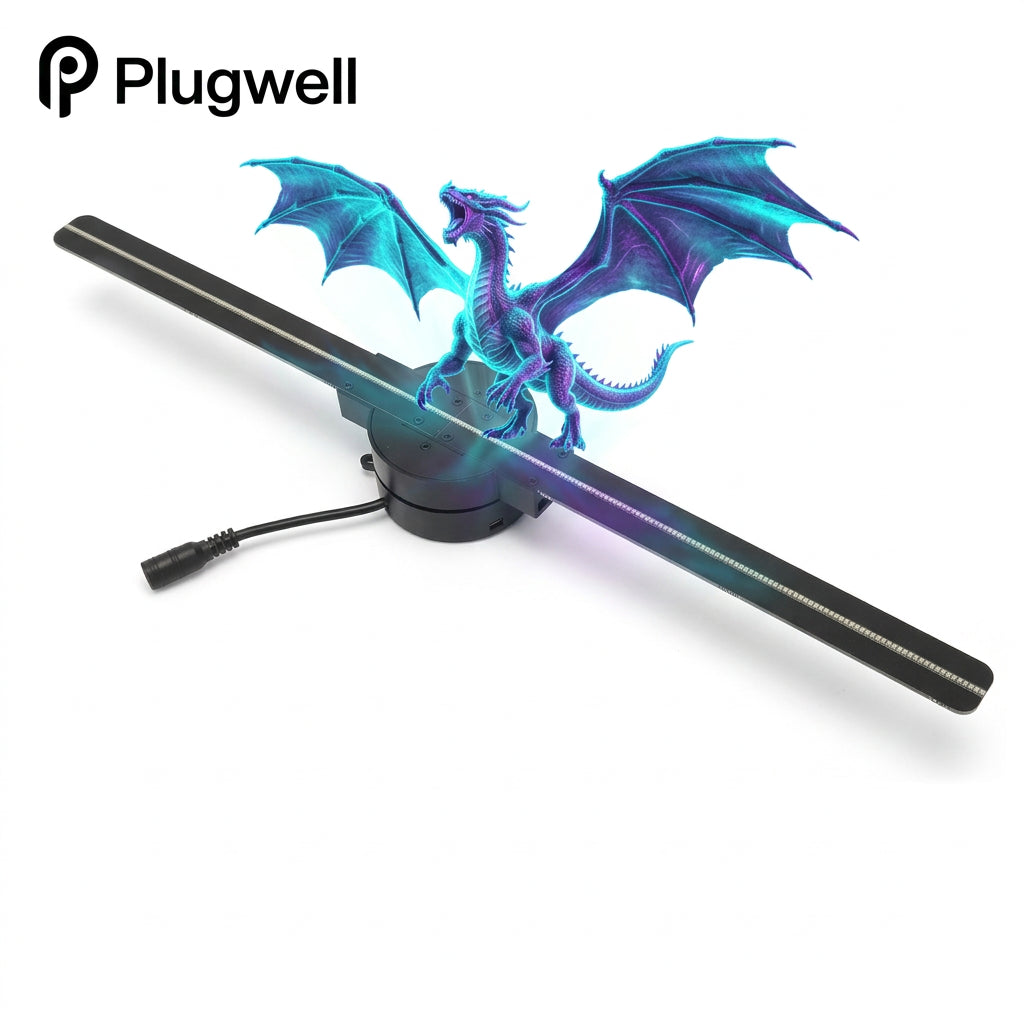 Plugwell 42CM 3D Hologram Fan Projector displaying floating holographic animations and smartphone app control