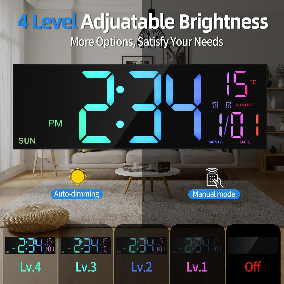 16.2" Digital Wall Clock – RGB, Remote, Dual Alarm, Auto-Brightness