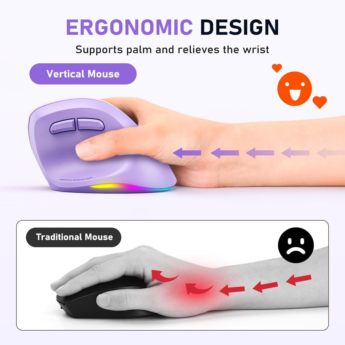 Ergonomic Wireless Vertical Mouse, Rechargeable, Purple