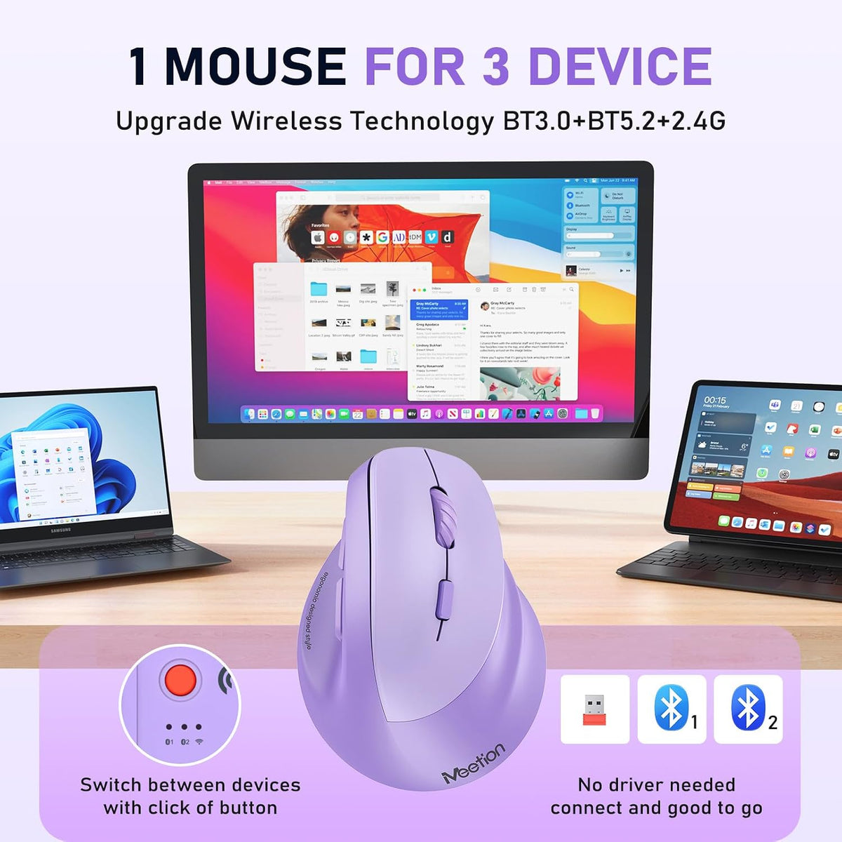 Ergonomic Wireless Vertical Mouse, Rechargeable, Purple