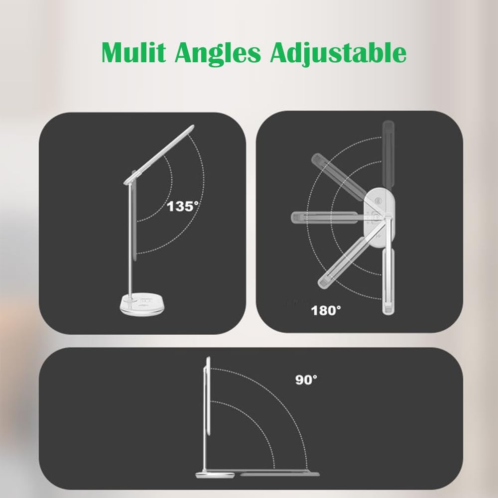 3In1 Wireless Charging Eye-Care Desk Lamp 15W Fast Charging Station for Phone, Smartwatch & Earbuds, Touch Control Dimmable LED Light Adjustable Gooseneck, Modern Office Table Lamp-Hyt2096 White