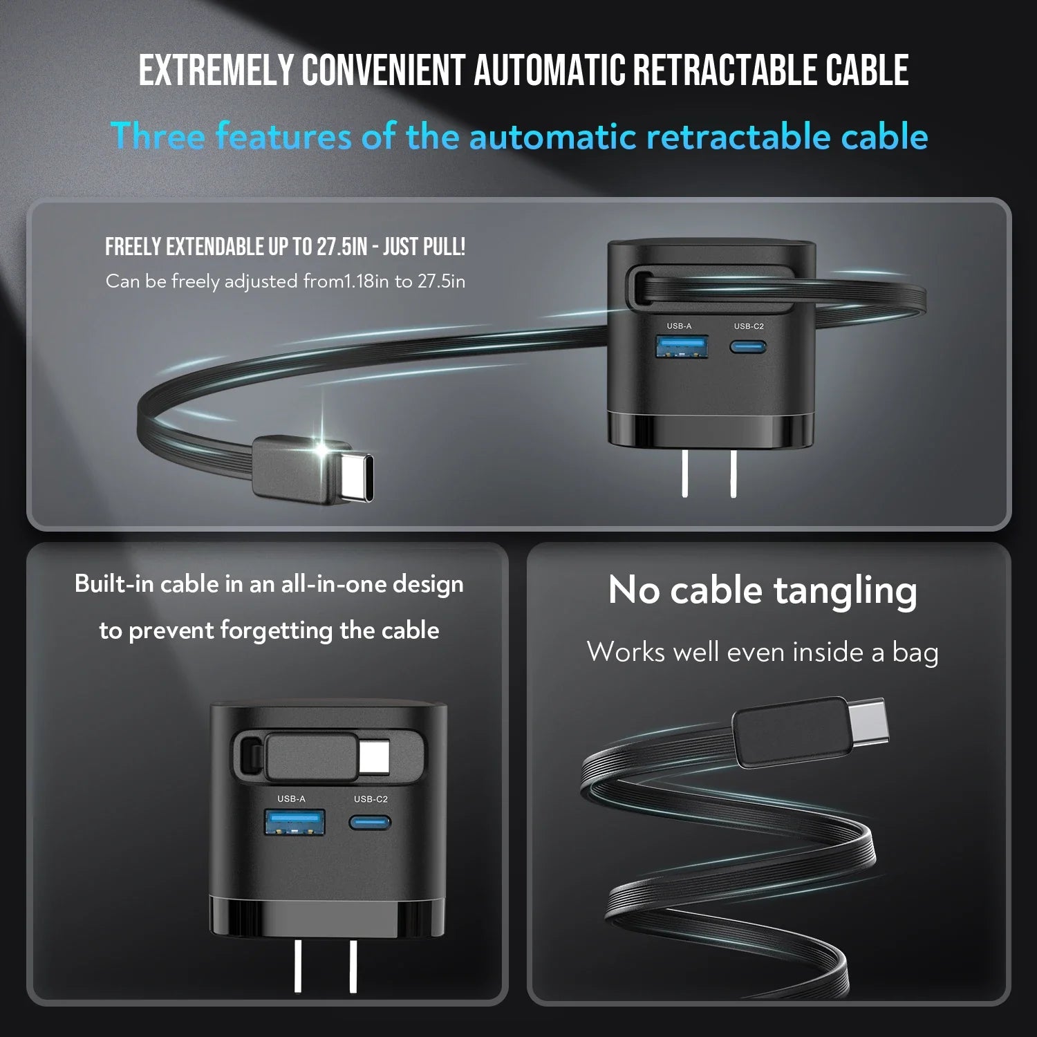 65W Gan Fast Charger with Retractable Cable, Foldable Plug, Quick Charging Block, for Iphone , Samsung , Ipad, Android Phones
