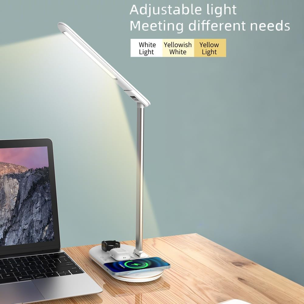 3In1 Wireless Charging Eye-Care Desk Lamp 15W Fast Charging Station for Phone, Smartwatch & Earbuds, Touch Control Dimmable LED Light Adjustable Gooseneck, Modern Office Table Lamp-Hyt2096 White