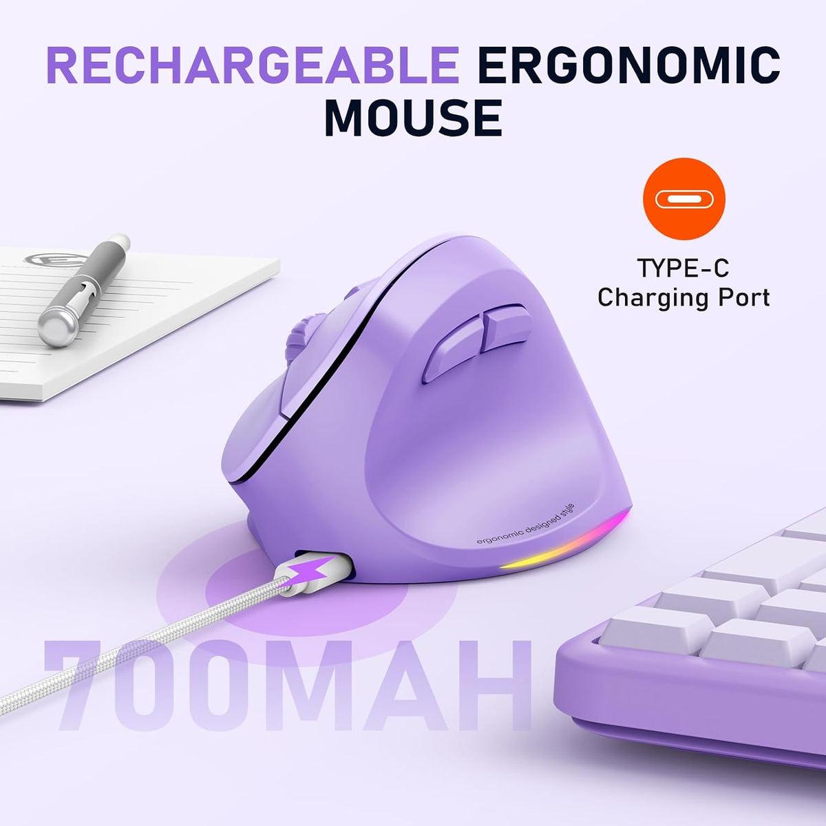 Ergonomic Wireless Vertical Mouse, Rechargeable, Purple