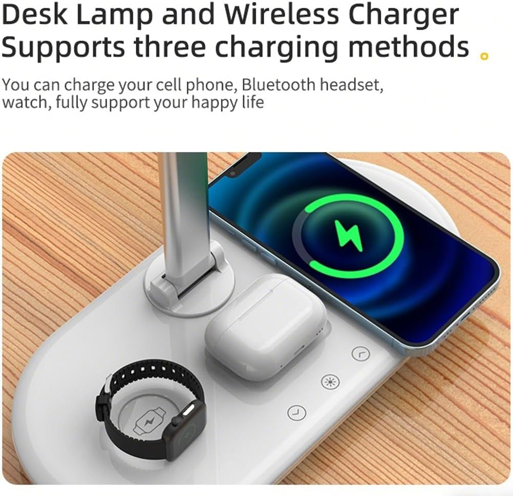 3In1 Wireless Charging Eye-Care Desk Lamp 15W Fast Charging Station for Phone, Smartwatch & Earbuds, Touch Control Dimmable LED Light Adjustable Gooseneck, Modern Office Table Lamp-Hyt2096 White
