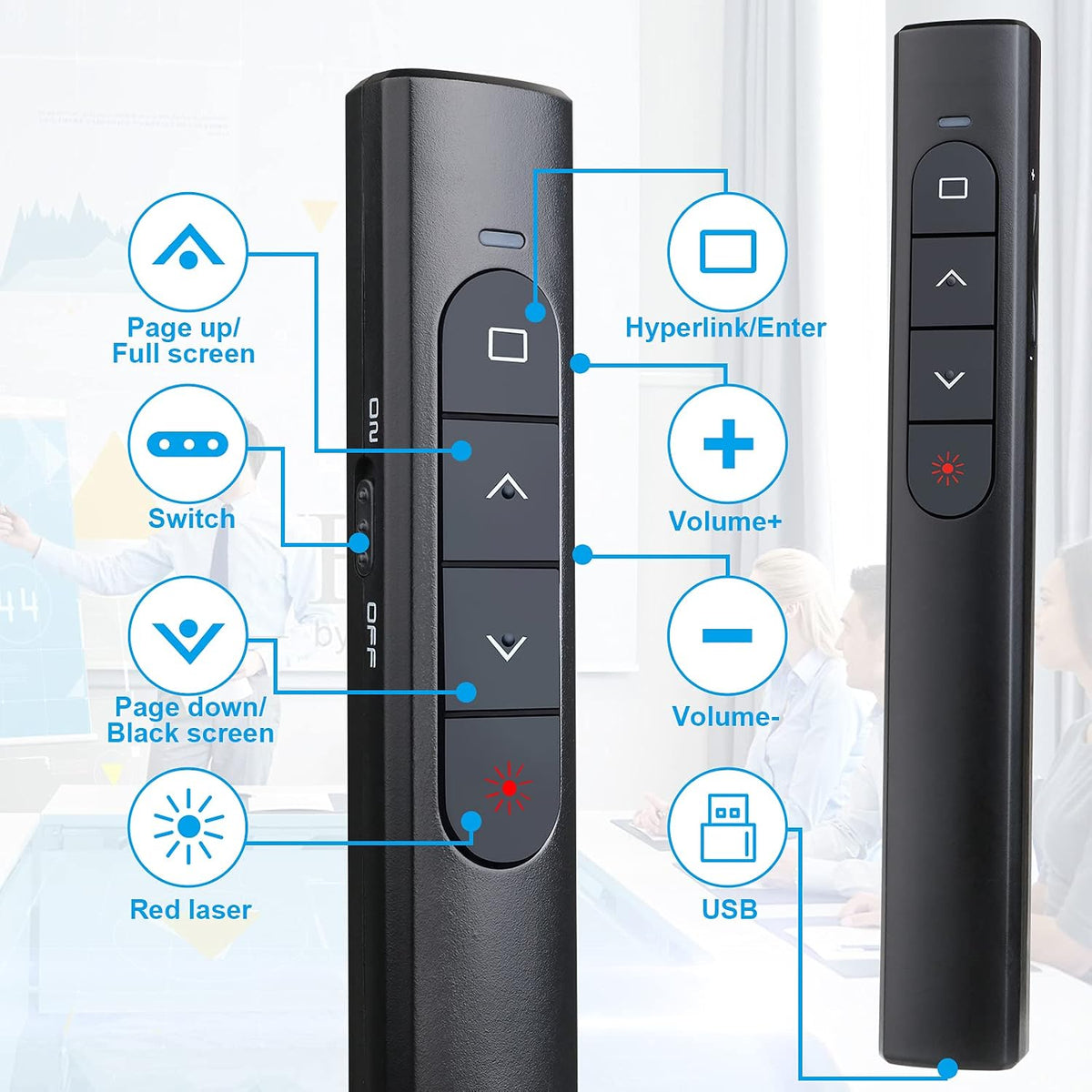 Wireless Presenter Remote, Presentation Clicker with Hyperlink & Volume Remote Control Powerpoint Office Presentation Clicker for Keynote/Ppt/Mac/Pc/Laptop(Battery Included)