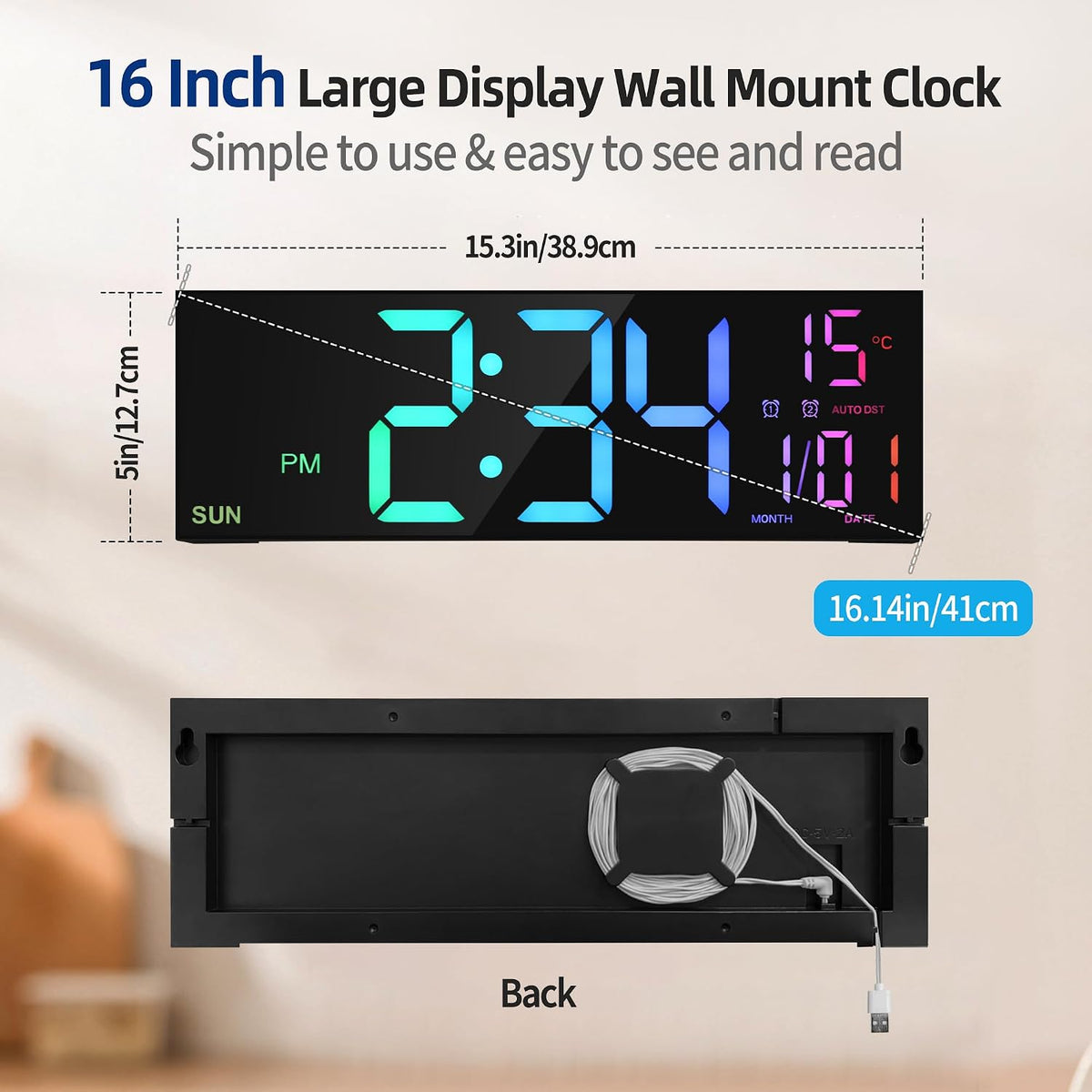 16.2" Digital Wall Clock – RGB, Remote, Dual Alarm, Auto-Brightness
