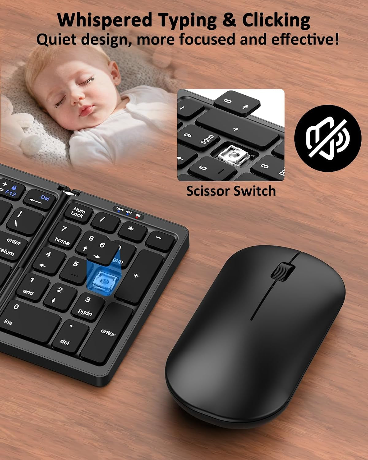 Foldable Keyboard Mouse Combo for Travel,Bluetooth/2.4G Rechargeable(Black)
