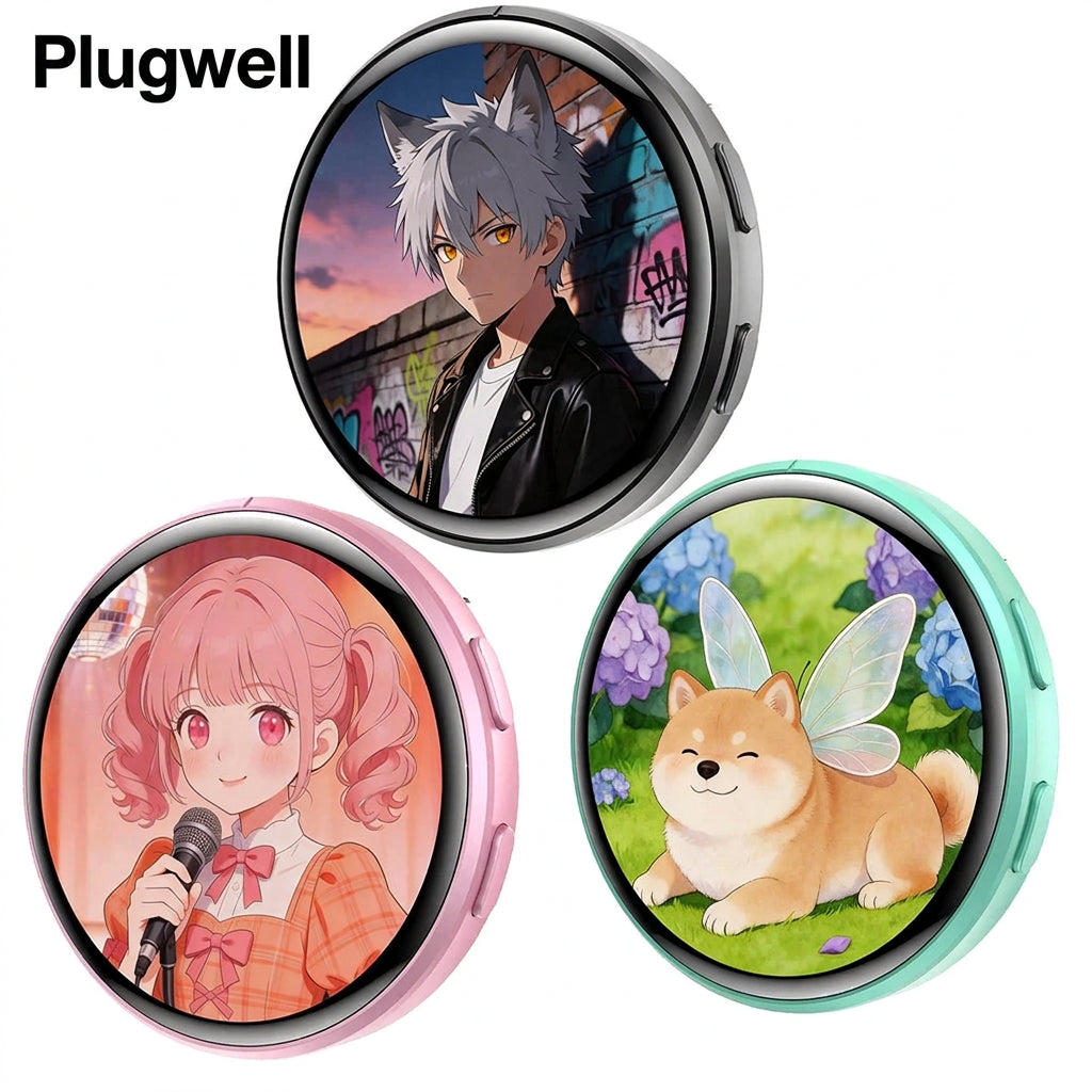 Plugwell Anime Digital E-Badge and Touchscreen Pin displaying custom character animations and multi-color bezel options