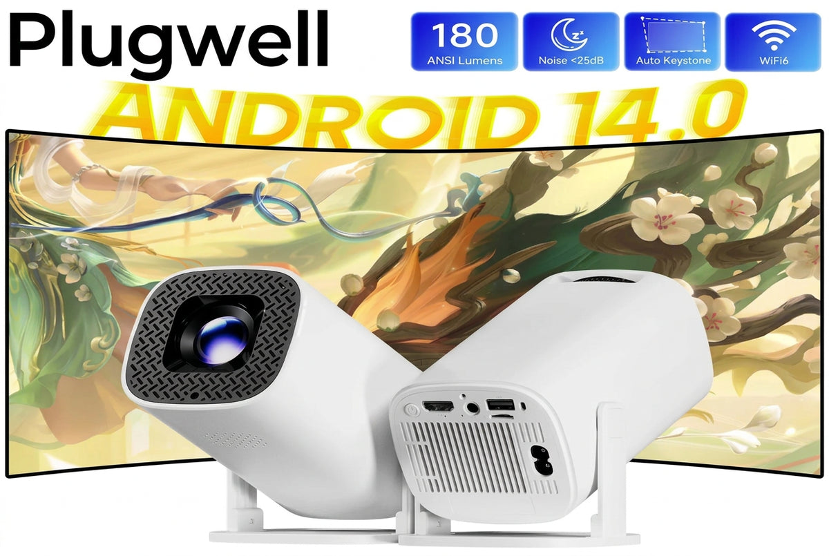 Plugwell HONGTOP P30PRO Smart Mini Projector with Android 14 and 270-degree dynamic gimbal stand