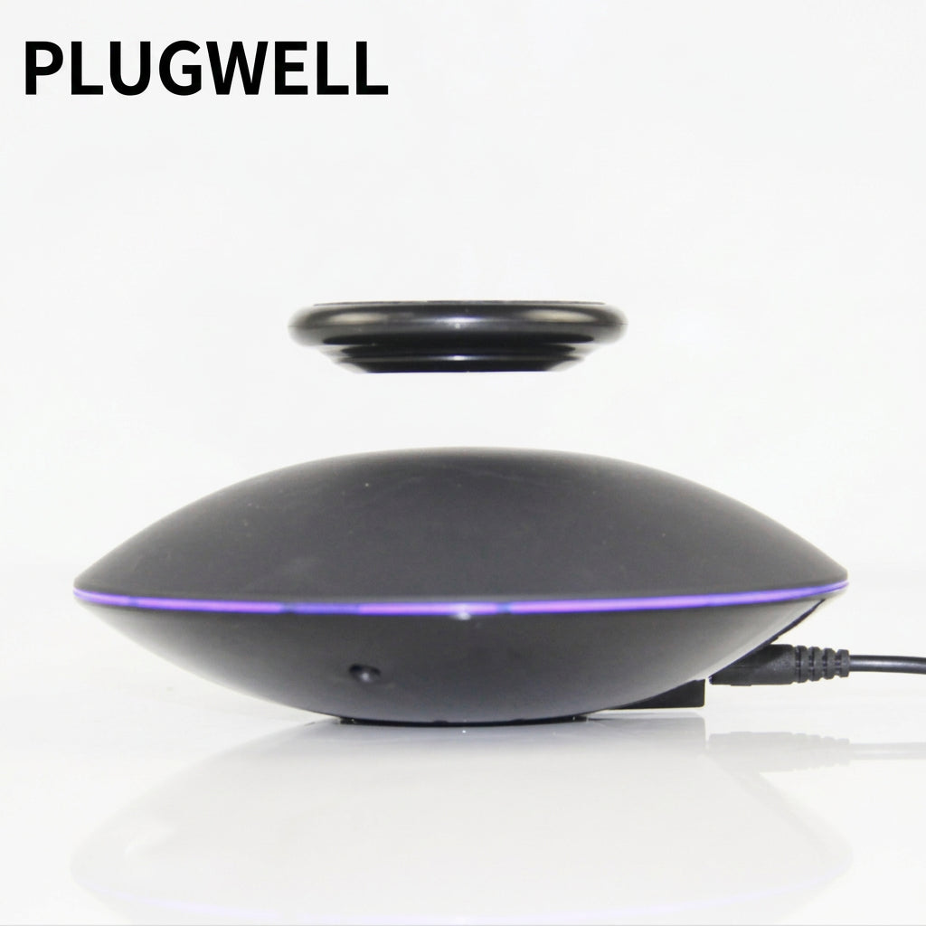 Plugwell 360-degree rotating magnetic levitation display stand floating a miniature car and sneaker above an LED base