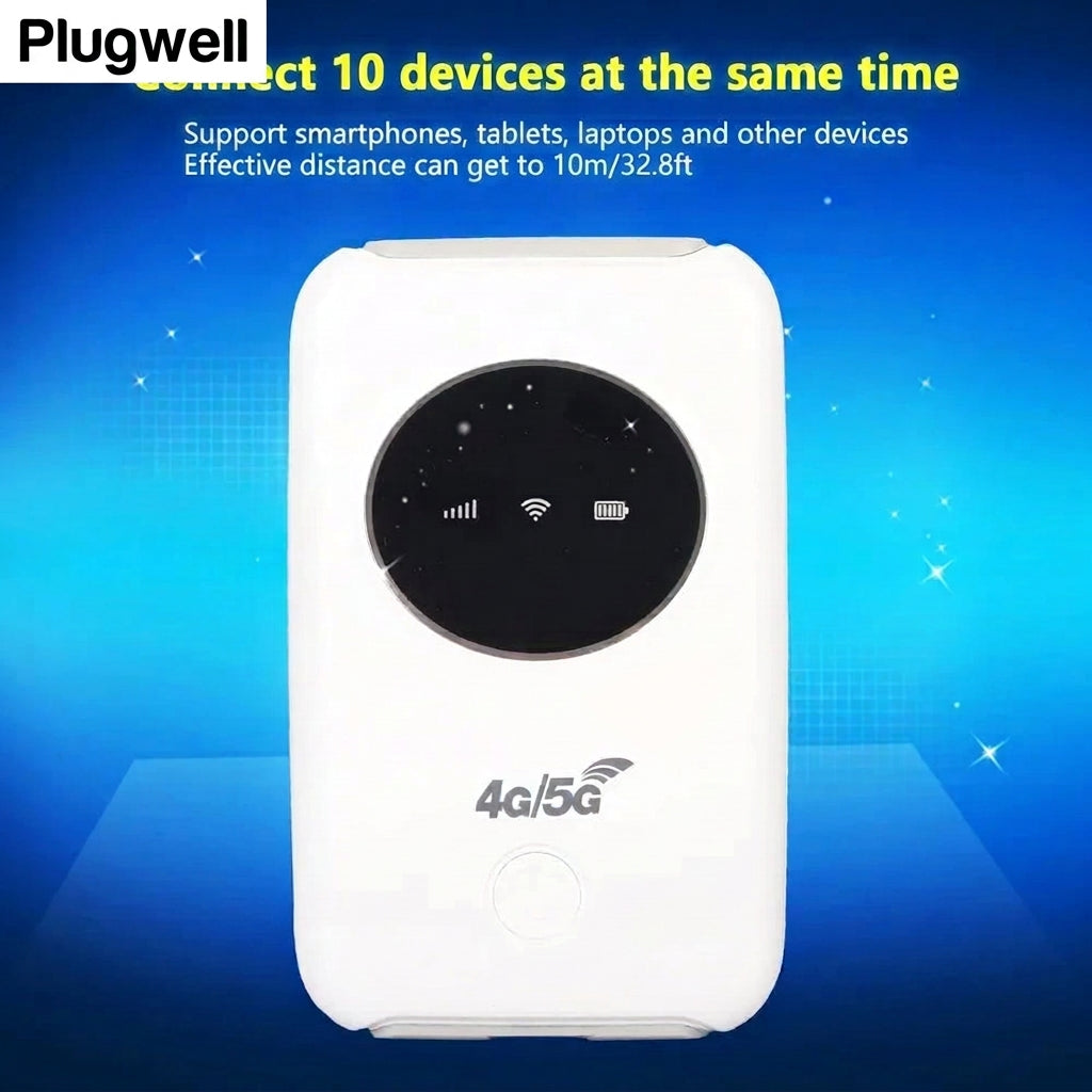 Plugwell 300Mbps 4/5G Portable Pocket WiFi Router and mobile hotspot displaying multi-device connection capabilities