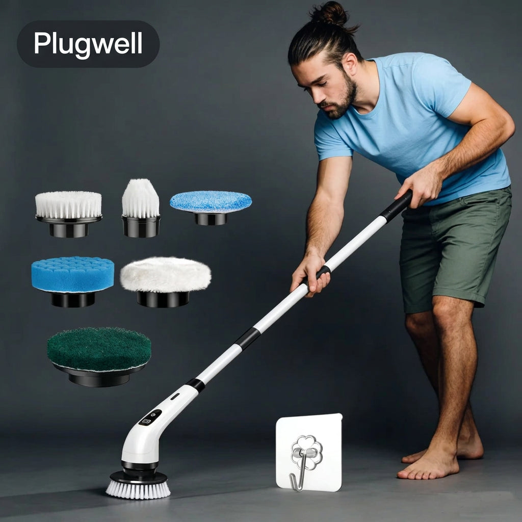 Plugwell Cordless Electric Spin Scrubber with interchangeable brush heads and detergent dispenser displayed in a modern home setup