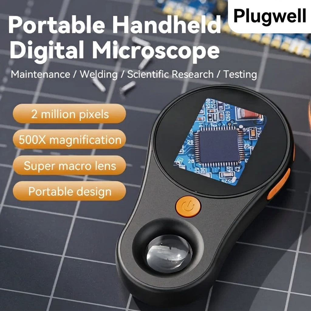 Plugwell Portable Handheld Digital Microscope showing 500X magnification and circuit board inspection