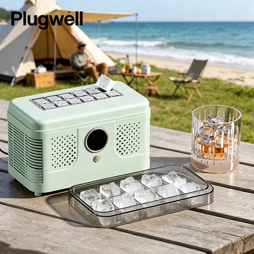 Plugwell Portable Mini Ice Maker machine set up outdoors on a beach camping trip producing fresh ice cubes