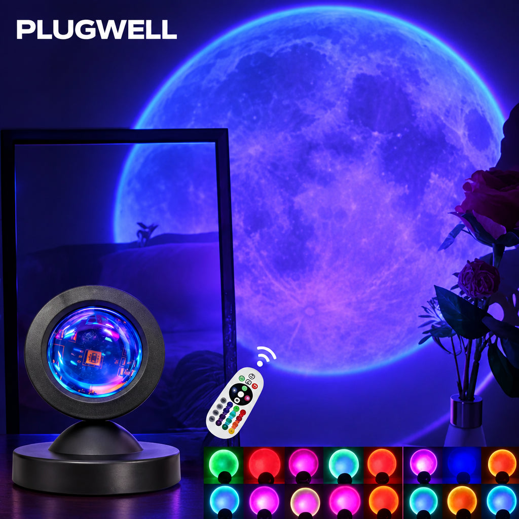 Transform your room with the Plugwell™ Sunset Projection Light. Enjoy 16 colours, dynamic lighting modes, and the perfect backdrop for photography, videos, and relaxation.