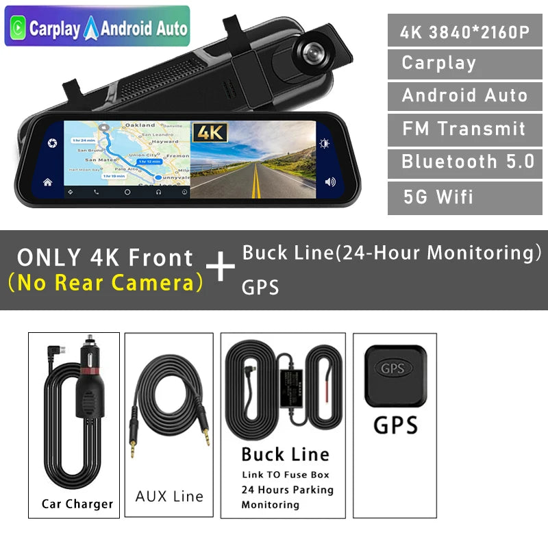 Dashcam 4K 2160P Auto-DVR CarPlay Android Auto Streaming Rückspiegel GPS 5G WLAN FM-Radio AUX Dashcam Auto-Kamera Fahrtenschreiber