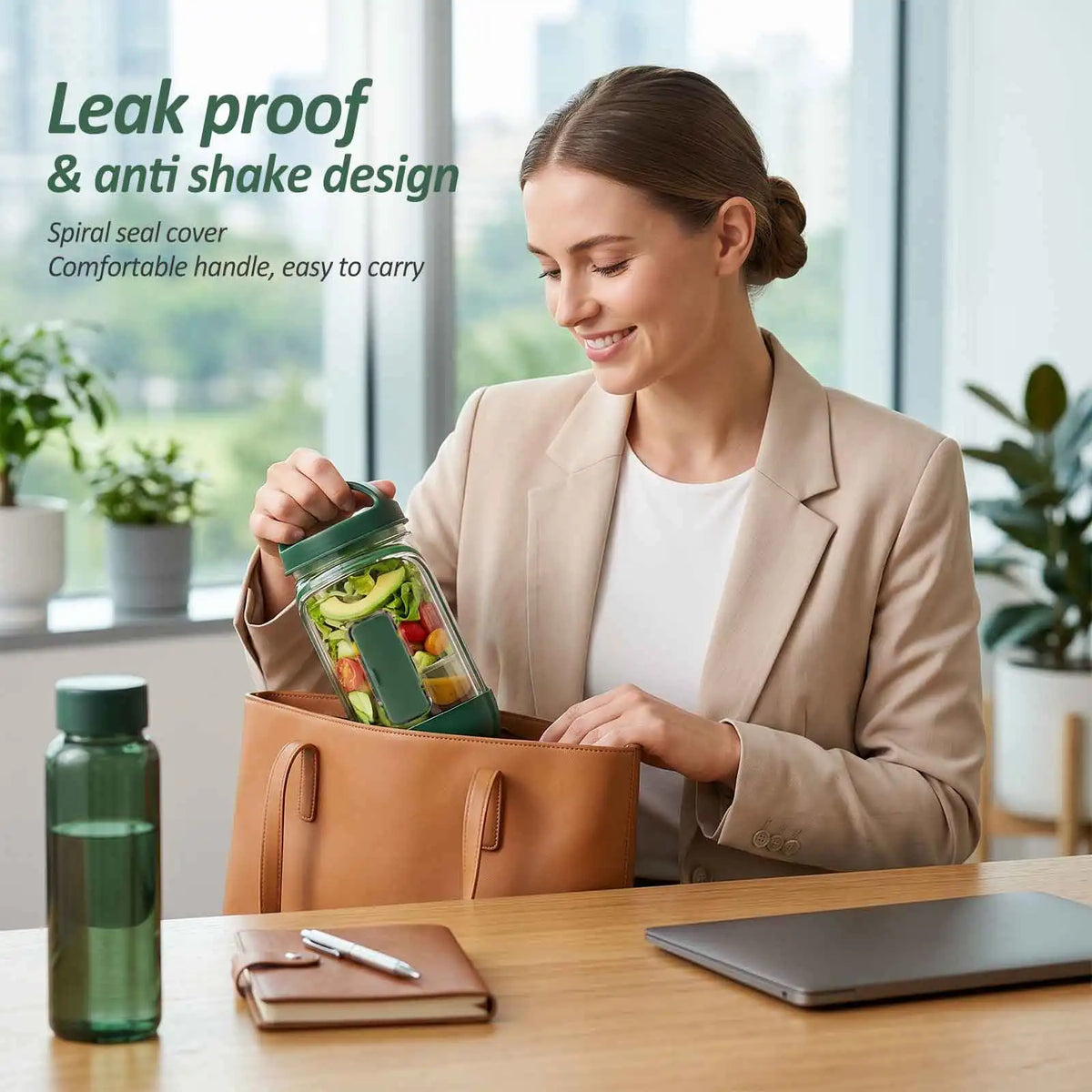 Neues tragbares, auslaufsicheres Salatglas mit seitlicher Öffnung, Dressingbecher und Gabel, vertikaler Schichtsalatbehälter für die Mahlzeitenvorbereitung