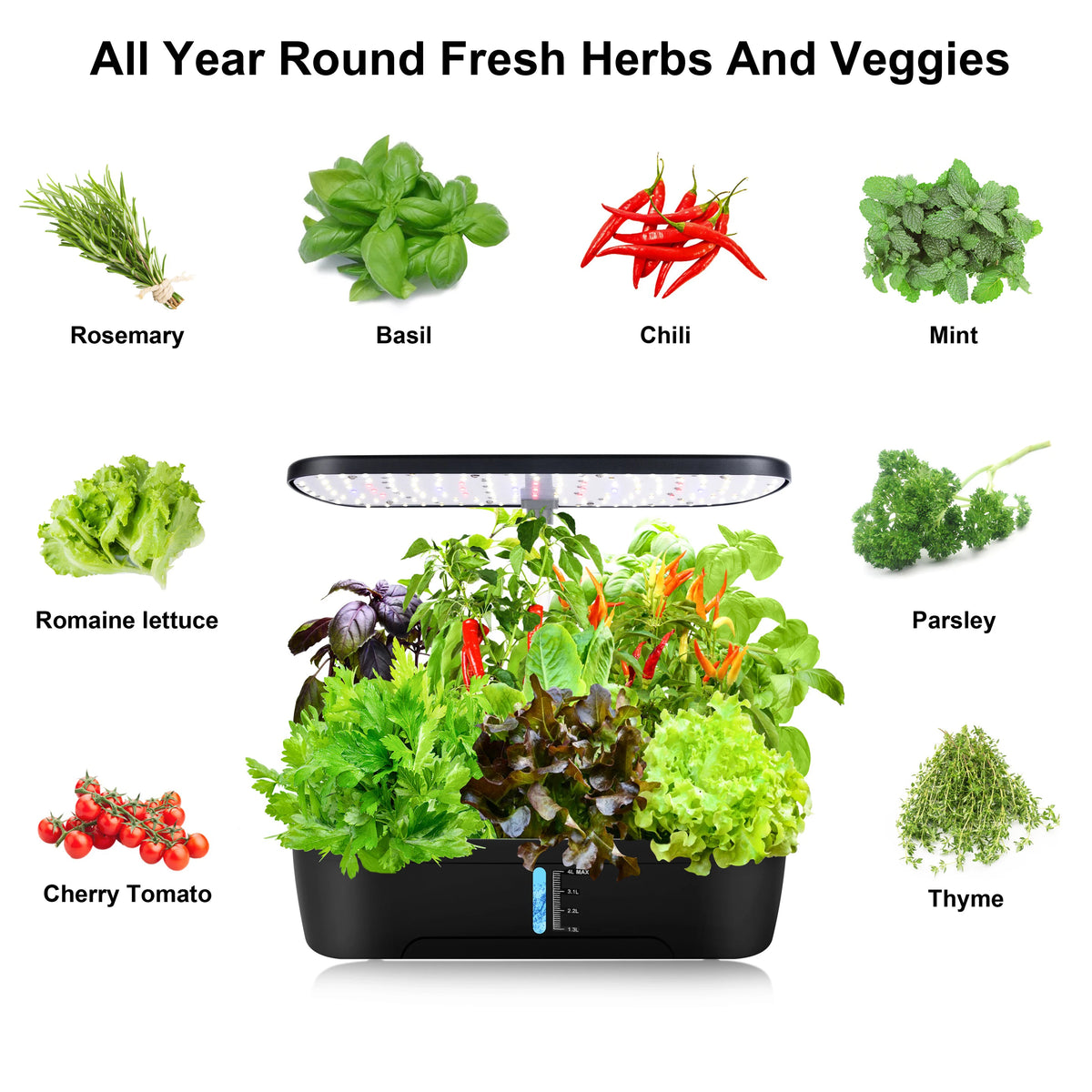 Plugwell™ 12 Pods Hydroponics Growing System, Herb Garden Kit Indoor Adjustable Height with Automatic Timer 20-Watt LED Grow Light