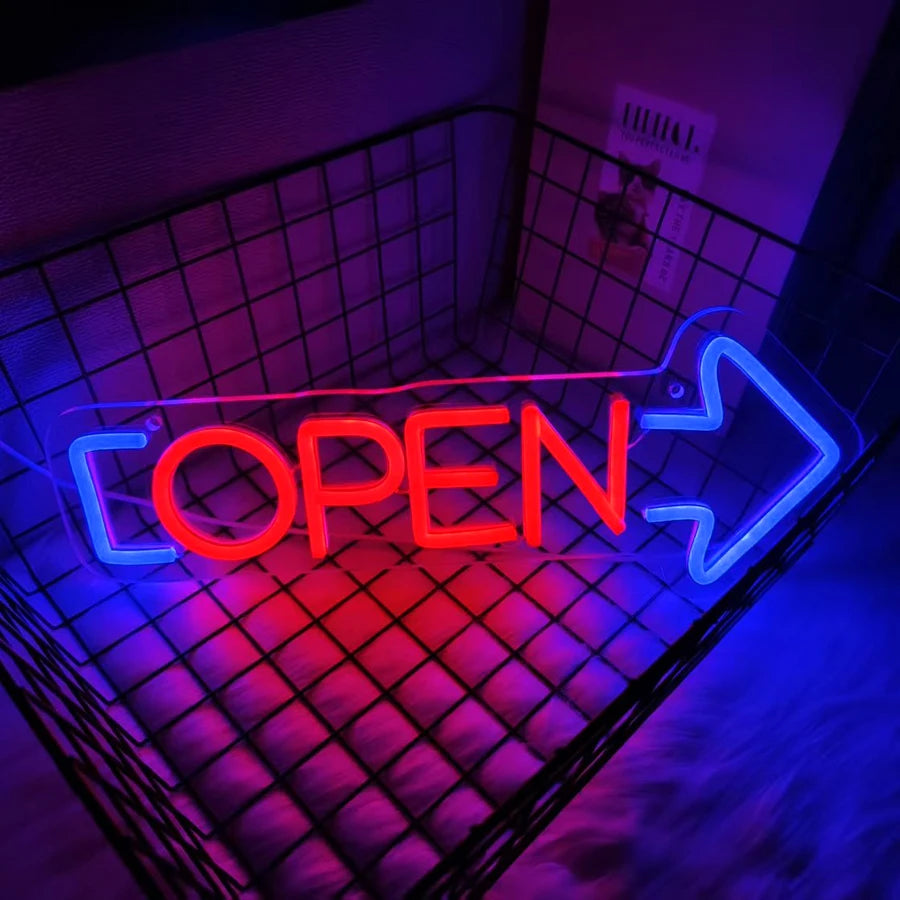 Insegna al neon LED Plugwell™ Open Welcome | Decorazione luminosa per vetrine e pareti di attività commerciali