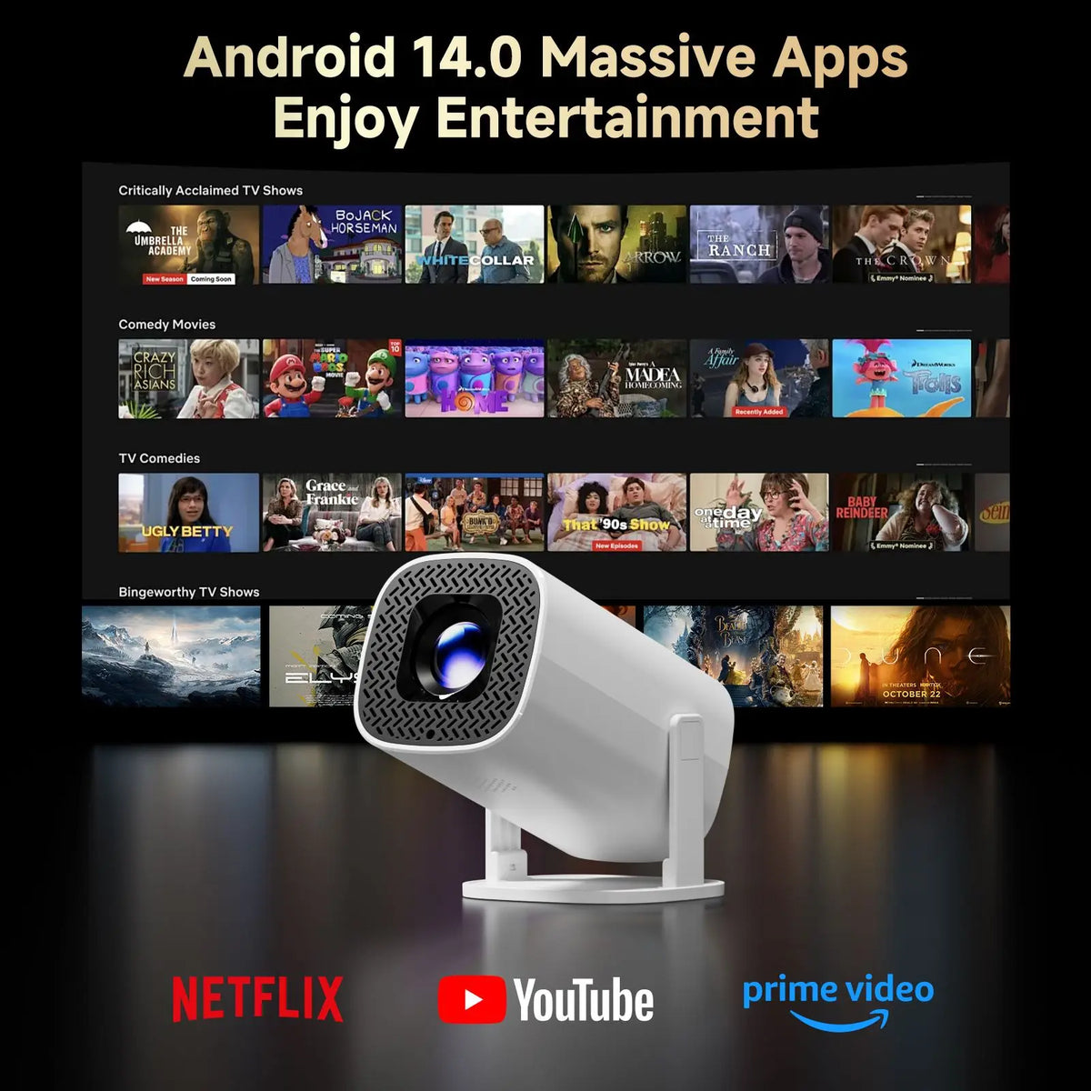 Smart Mini Proiettore Plugwell™ HONGTOP P30PRO | Supporto 4K, Android 14, WiFi 6 & Home Cinema Portatile