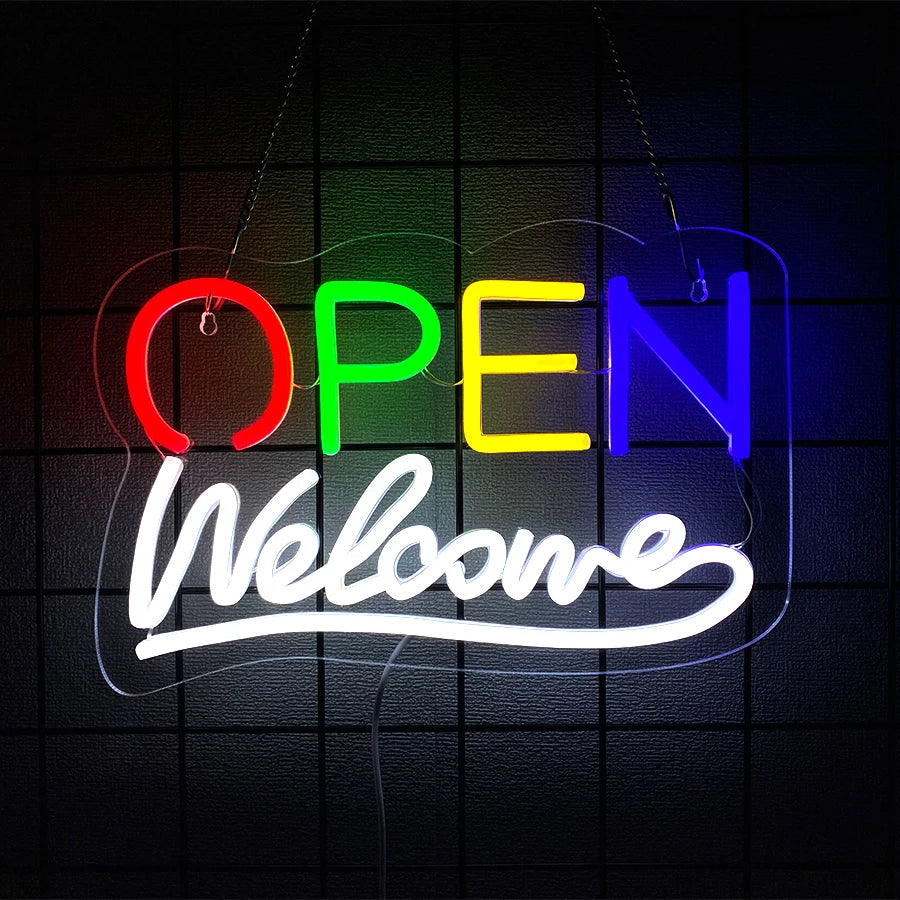 Insegna al neon LED Plugwell™ Open Welcome | Decorazione luminosa per vetrine e pareti di attività commerciali