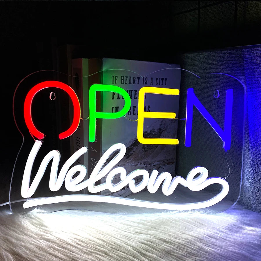 Insegna al neon LED Plugwell™ Open Welcome | Decorazione luminosa per vetrine e pareti di attività commerciali