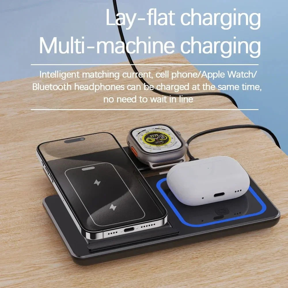 3-in-1 kabelloser Ladeständer 30W LED, faltbares kabelloses Ladegerät für iPhone 16 15 Pro Max, iWatch 8 7, AirPods, Ladestation