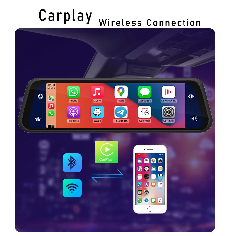 Dashcam 4K 2160P Auto-DVR CarPlay Android Auto Streaming Rückspiegel GPS 5G WLAN FM-Radio AUX Dashcam Auto-Kamera Fahrtenschreiber