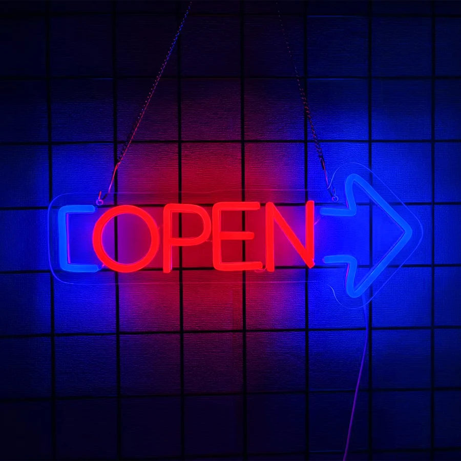 Insegna al neon LED Plugwell™ Open Welcome | Decorazione luminosa per vetrine e pareti di attività commerciali