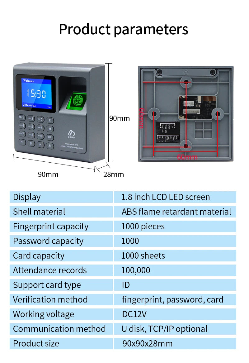 Biometrischer Fingerabdruckscanner RFID-Zutrittskontrollsystem 1000 Benutzer USB Zeiterfassung Präsenzmaschine für Mitarbeiter
