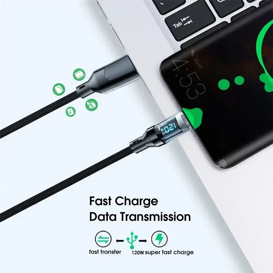 Cavo di ricarica super rapida Plugwell™ da 120W | Cavo dati USB-A a Type-C con display digitale in tempo reale
