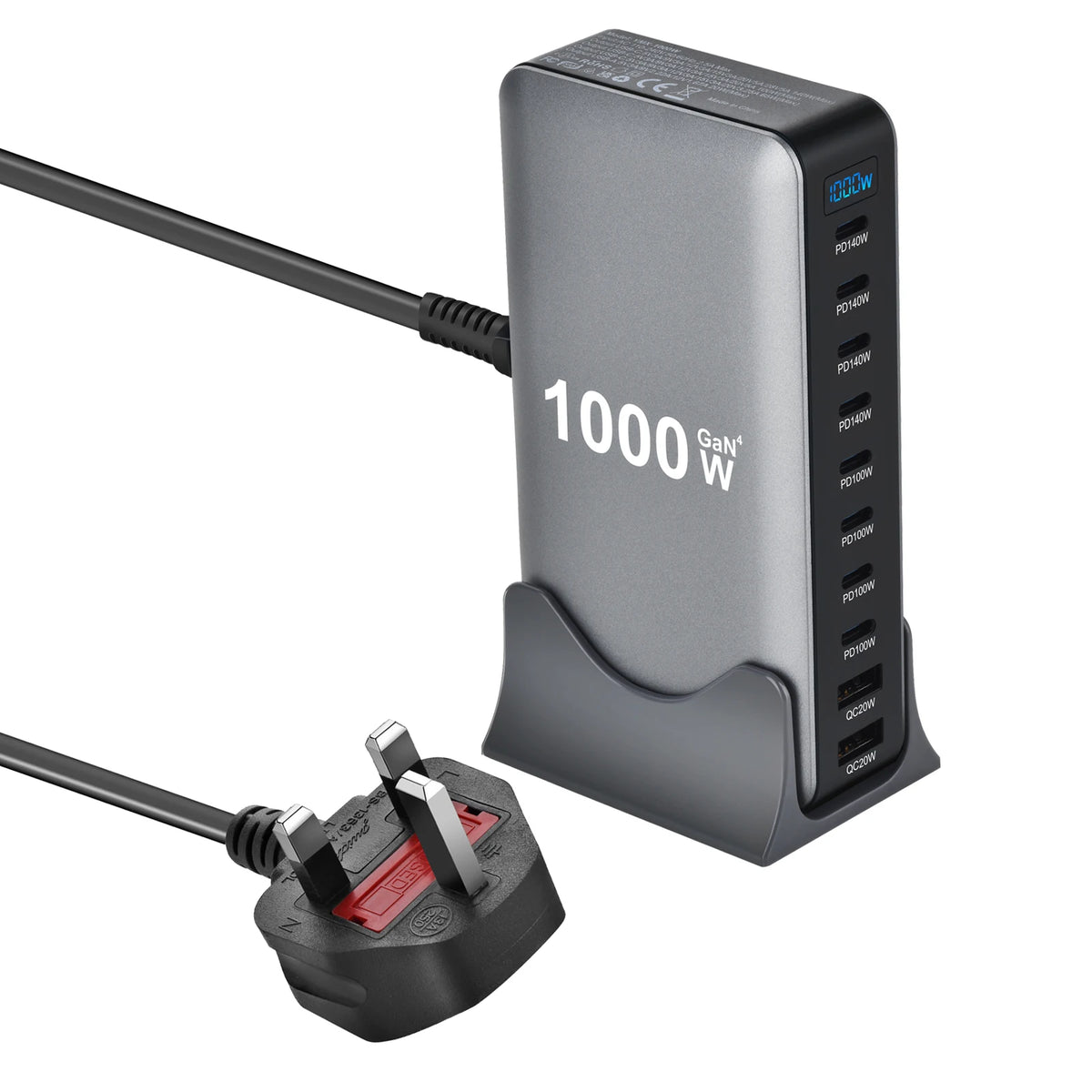 1000W 10-Port GaN-Schreibtischadapter 140W PD-Schnellladen für MacBook Pro Laptop, 100W für Smartphone und Tablet, Multi-Port-USB-Hub Station