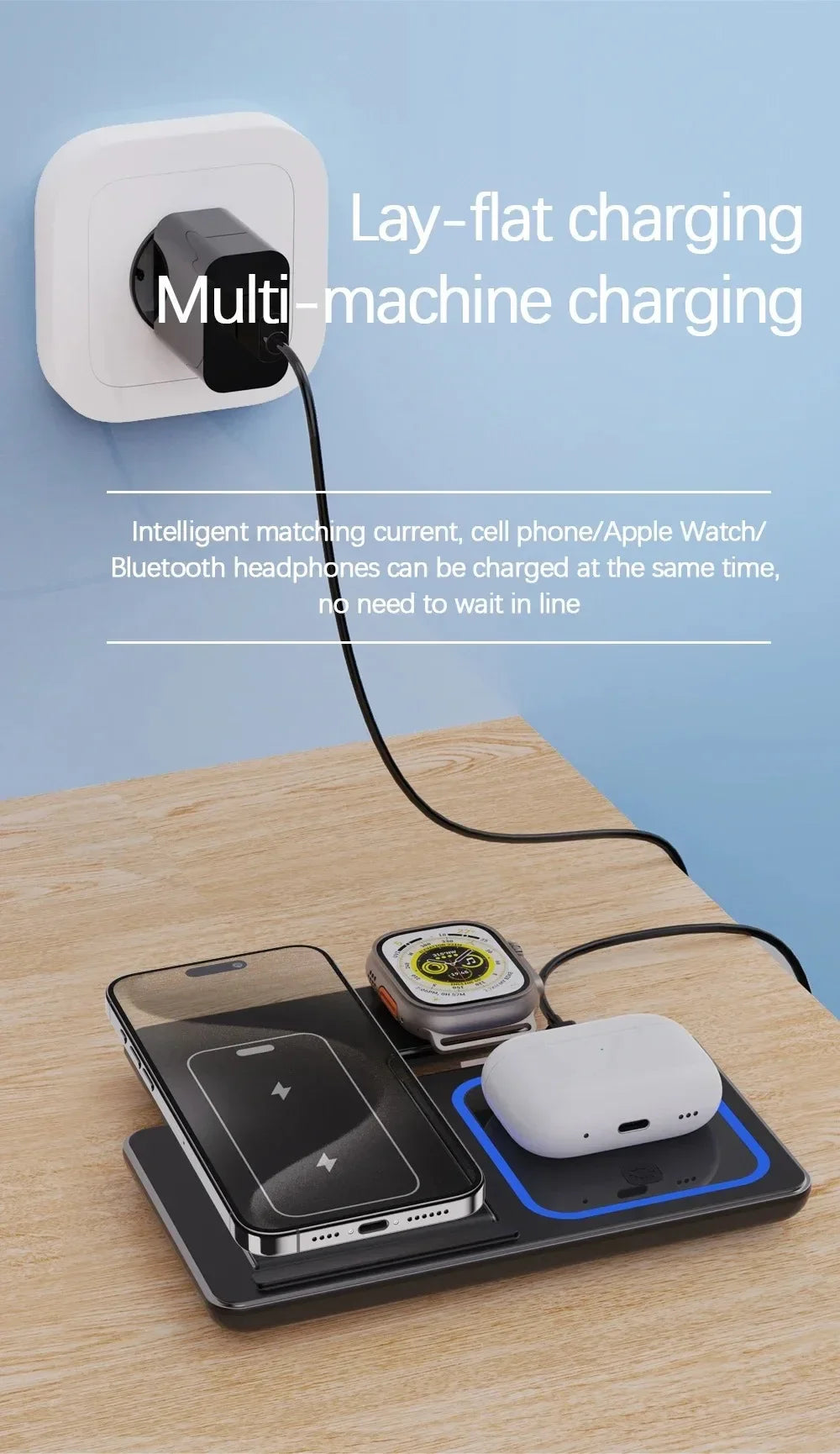 3-in-1 kabelloser Ladeständer 30W LED, faltbares kabelloses Ladegerät für iPhone 16 15 Pro Max, iWatch 8 7, AirPods, Ladestation