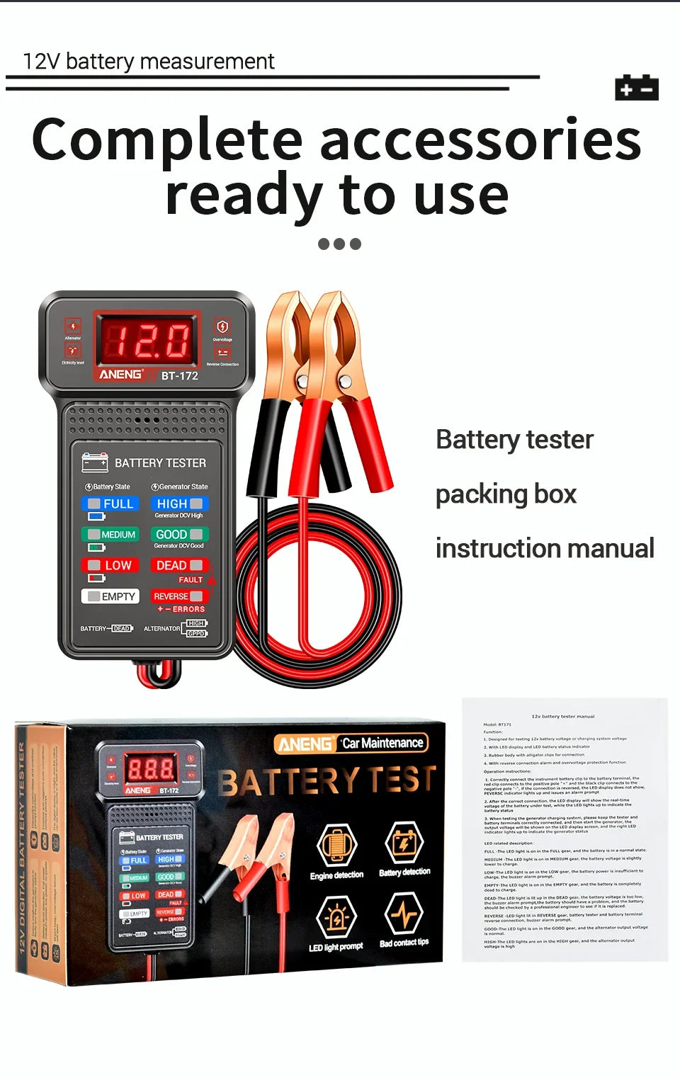 Plugwell™ BT-172 12V Car Battery Tester | Digital LED Display & Buzzer Diagnostic Tool