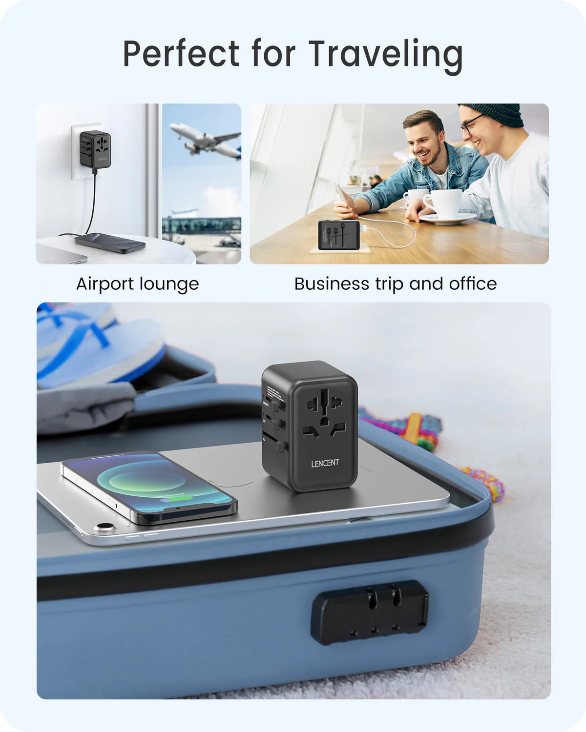 LENCENT 65W/100W GaN International Travel Adapter with 2USB 3 Type C GaN Fast Charging Adapter with EU AU US UK Plug for Travel
