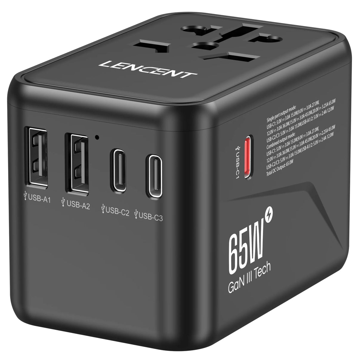 LENCENT 65W/100W GaN International Travel Adapter with 2USB 3 Type C GaN Fast Charging Adapter with EU AU US UK Plug for Travel