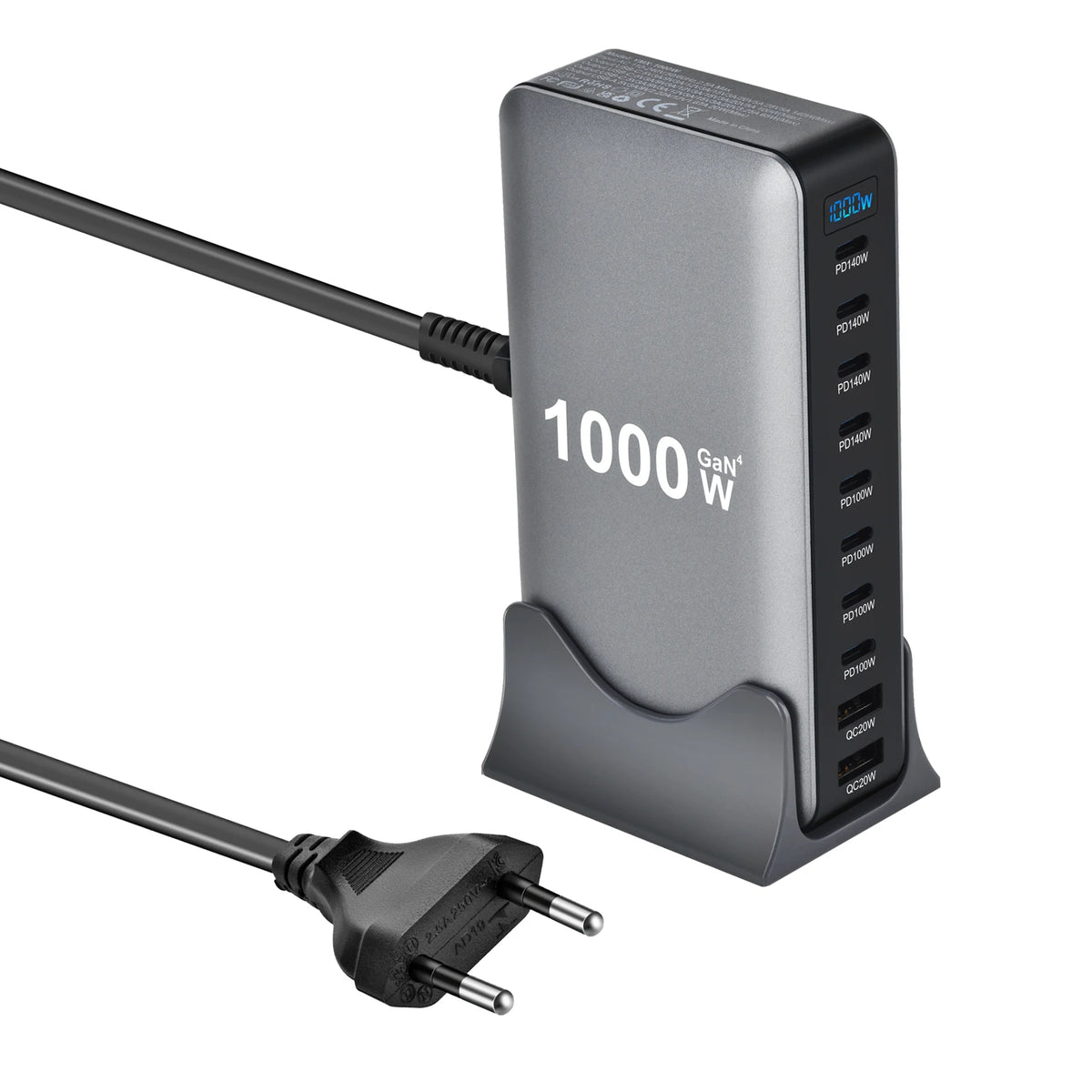 1000W 10-Port GaN-Schreibtischadapter 140W PD-Schnellladen für MacBook Pro Laptop, 100W für Smartphone und Tablet, Multi-Port-USB-Hub Station