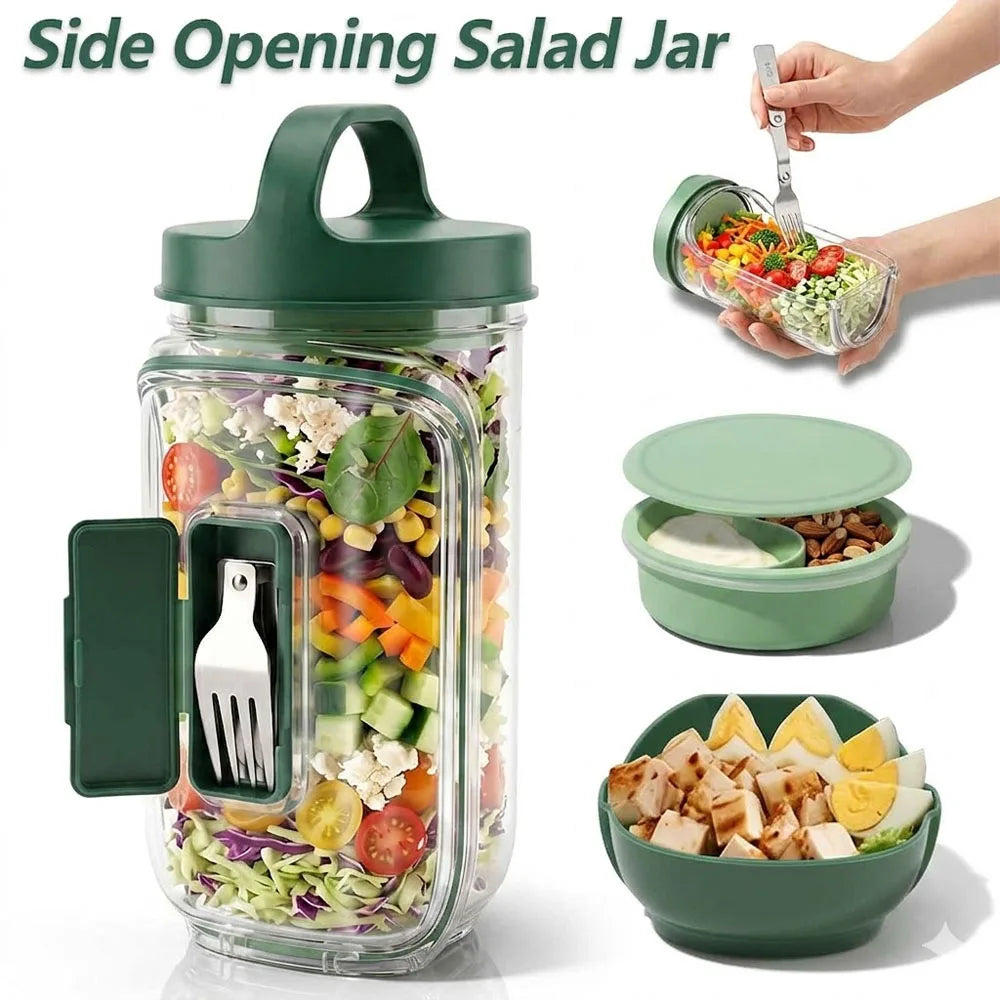 Neues tragbares, auslaufsicheres Salatglas mit seitlicher Öffnung, Dressingbecher und Gabel, vertikaler Schichtsalatbehälter für die Mahlzeitenvorbereitung