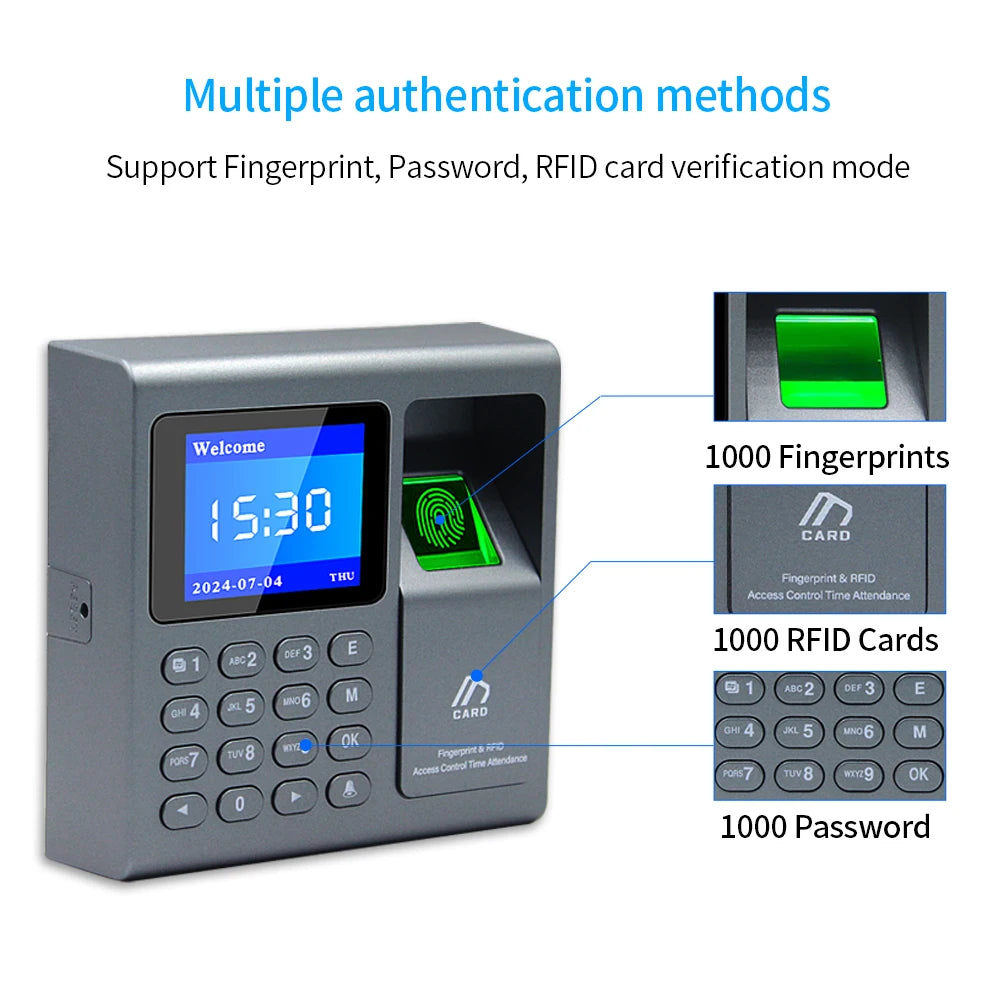 Biometrischer Fingerabdruckscanner RFID-Zutrittskontrollsystem 1000 Benutzer USB Zeiterfassung Präsenzmaschine für Mitarbeiter