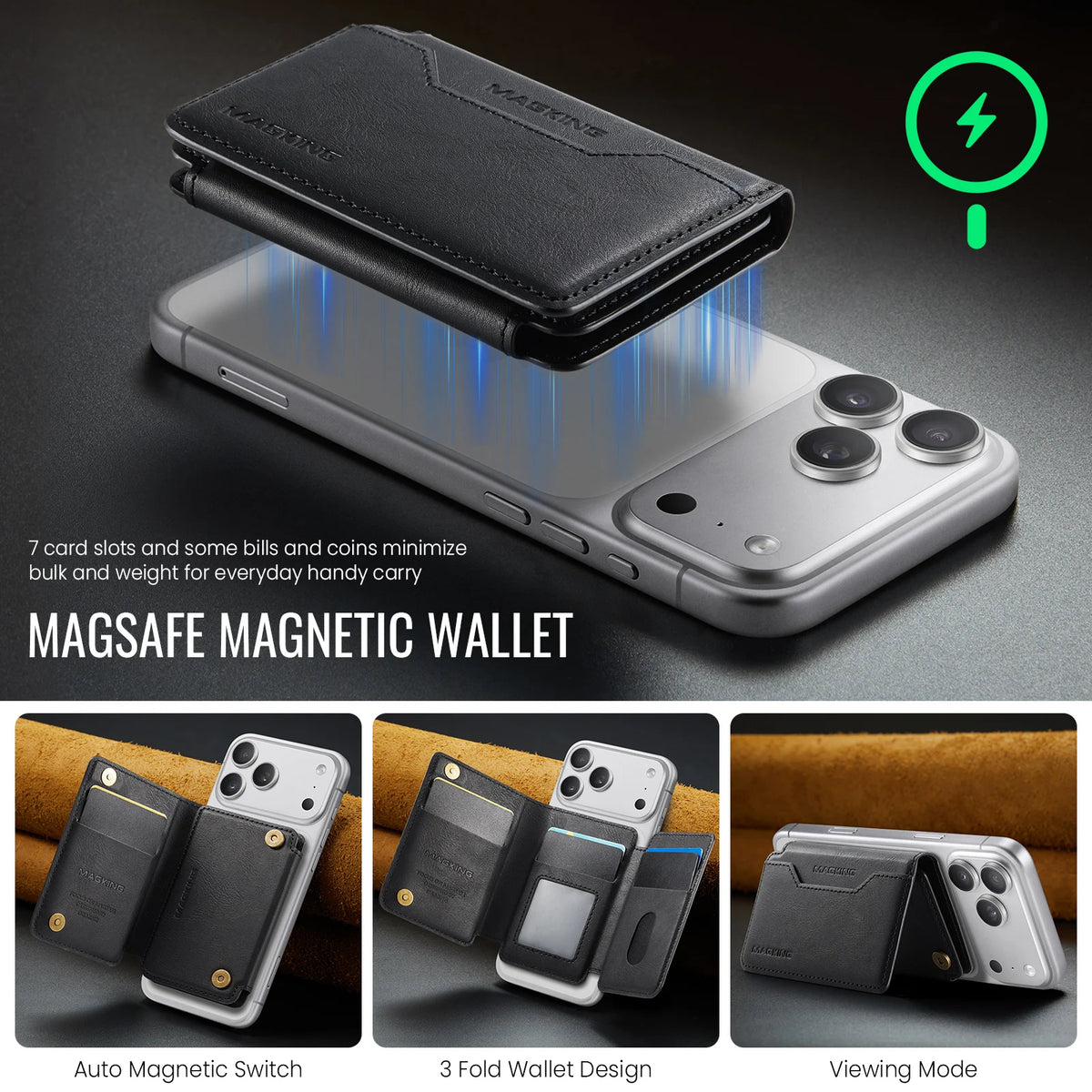 Plugwell™ MagSafe 3-fach faltbare RFID-blockierende magnetische Brieftasche & Kartenhalter